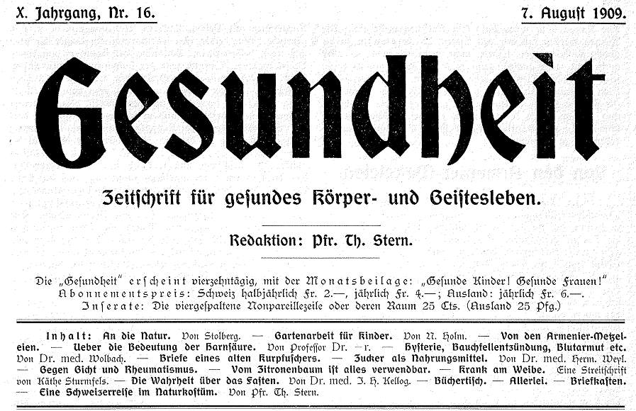 Pfr. Th. Stern in "Gesundheit", 7.8.1909: Eine Schweizerreise im Naturkostm